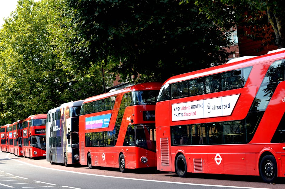 A row of red double-decker buses parked along a street lined with green trees, with one bus displaying an advertisement for Airbnb hosting. The buses are positioned close together, with some facing fo